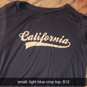 Light blue crop top that says California across